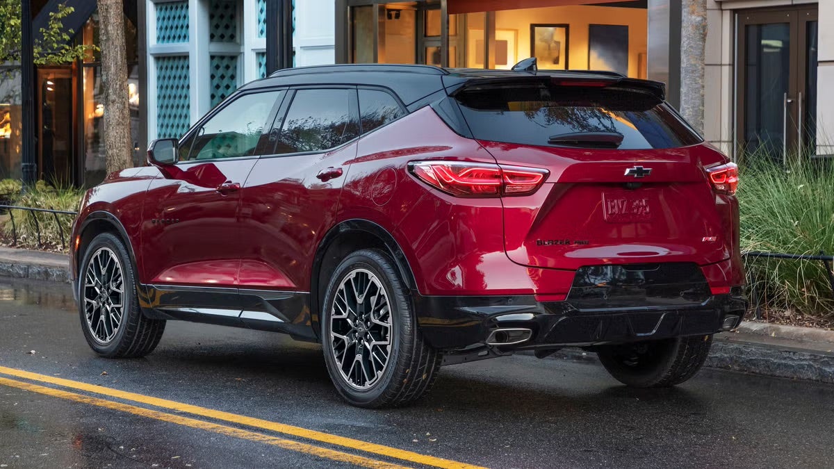 2026 Chevrolet Blazer RS rear three-quarter view — dual exhaust bright tips