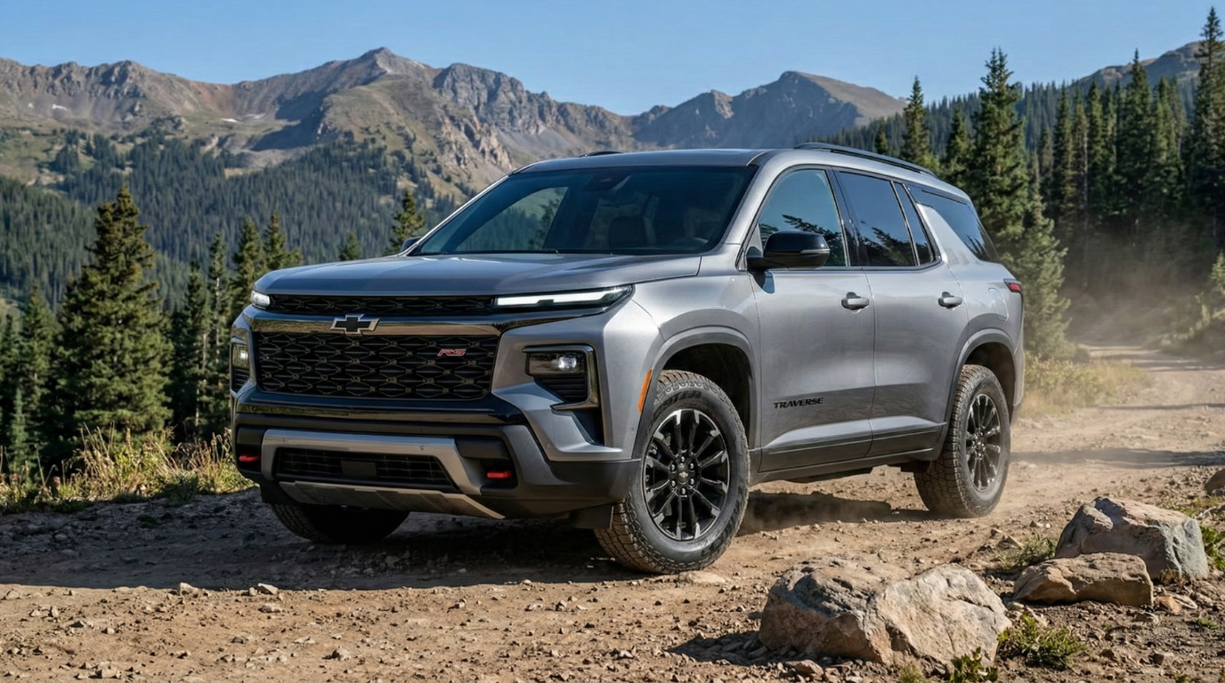 2026 Chevrolet Traverse RS front three-quarter view showing blacked-out RS grille, sport-tuned stance, and 20-inch gloss black wheels at Don Hewlett Chevrolet Georgetown TX