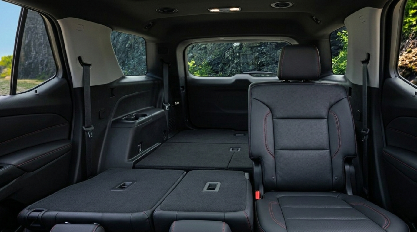 2026 Traverse RS third-row seating and cargo area with versatile fold-flat configuration