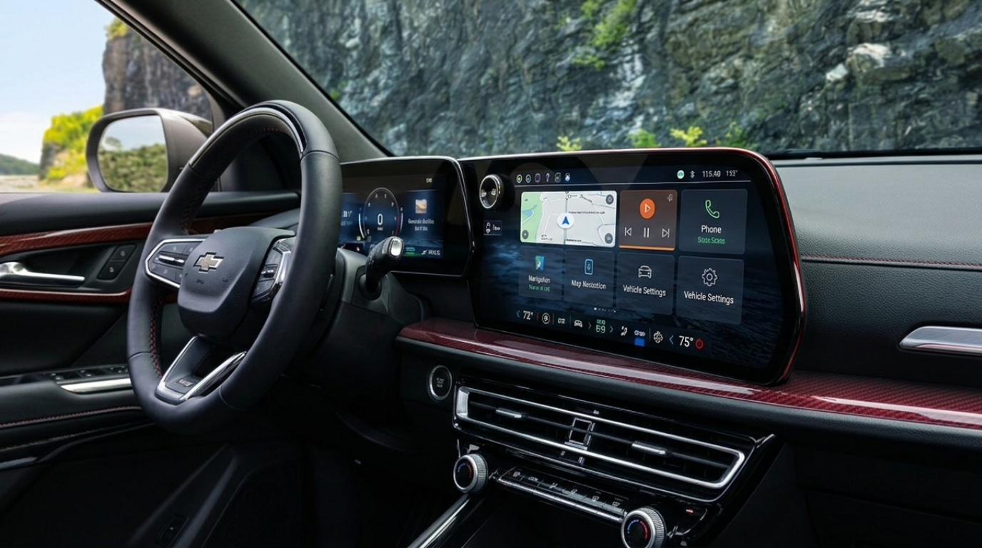 2026 Traverse RS interior dashboard with 17.7-inch diagonal touchscreen, Google Built-In, and premium RS cabin